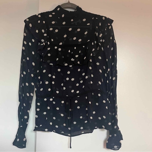 GANNI Marceau Ruffled Navy & White Polka-dot Georgette Blouse - Picture 2 of 4